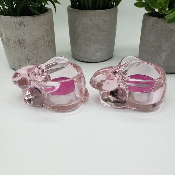 Indiana Glass Vintage Light Pink Bunny Rabbit Tealight Candle Holders Set of 2 - Picture 6 of 9